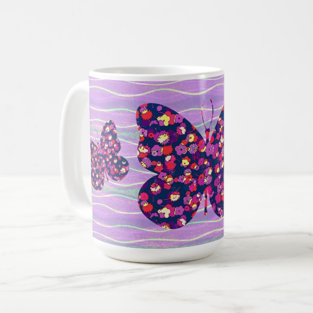 Retro Lila Butterfly Flower Mugg Kopp (Framsida vänster)