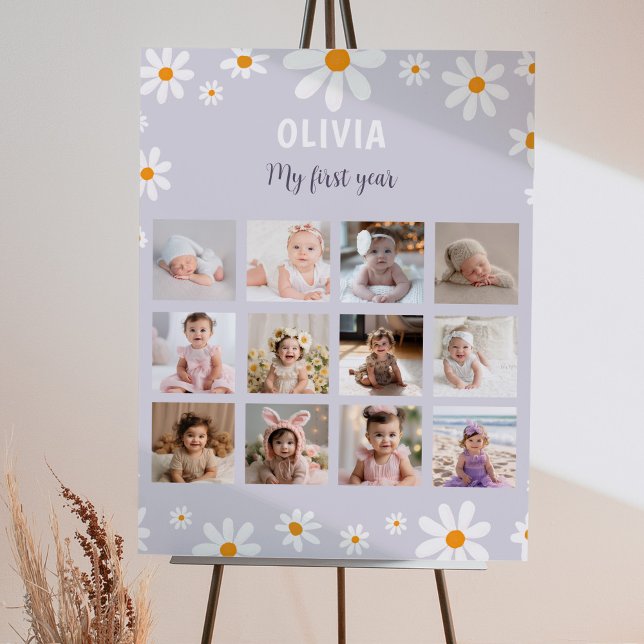 Retro Lila Daisy Birthday Photo Milestone Poster (Skapare uppladdad)