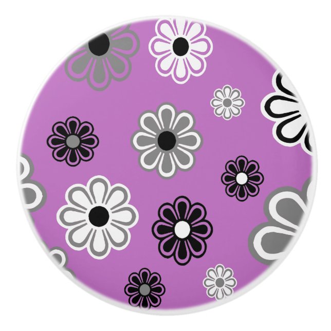 Retro Lila Flower Power keramisk knopp (Framsidan)
