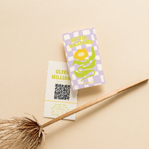 Retro Lila Grön QR-kod Groovy Rutig Blommig Visitkort