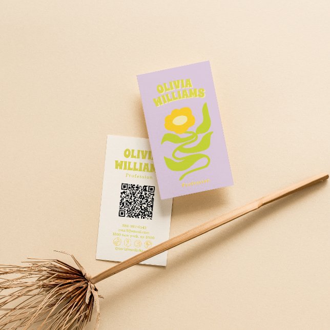 Retro Lila Grön QR-kod Groovy Trendig Blommig Visitkort (Skapare uppladdad)