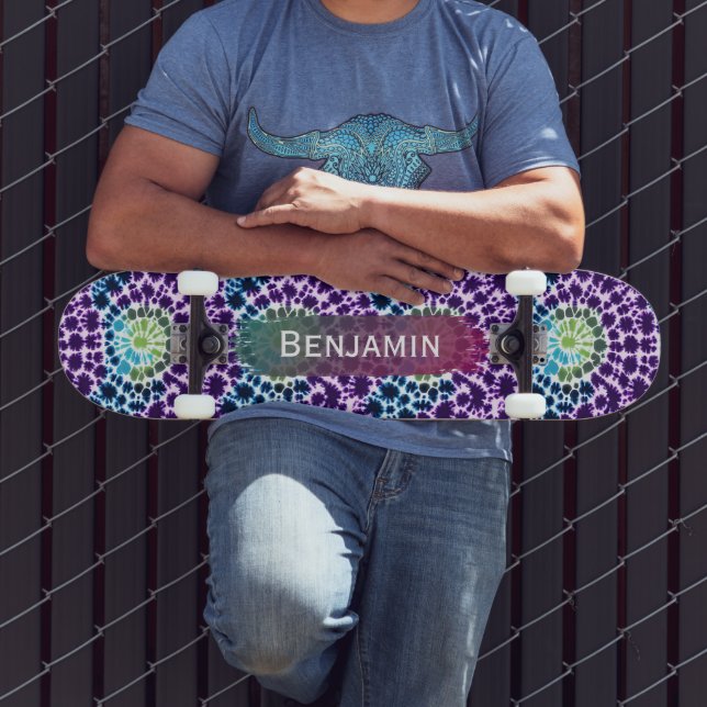Retro Lila Grön Turkos Tie-Dye Skateboard (Utomhus 3)