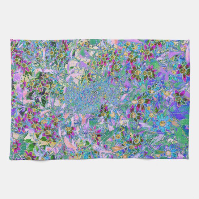 Retro lila, gröna och blå vildblommor på rosa kökshandduk (Horisontell)