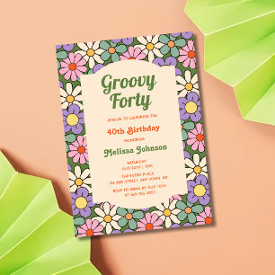 Retro Lila Grönt Blommigt Groovy 40:e födelsedagen Inbjudningar