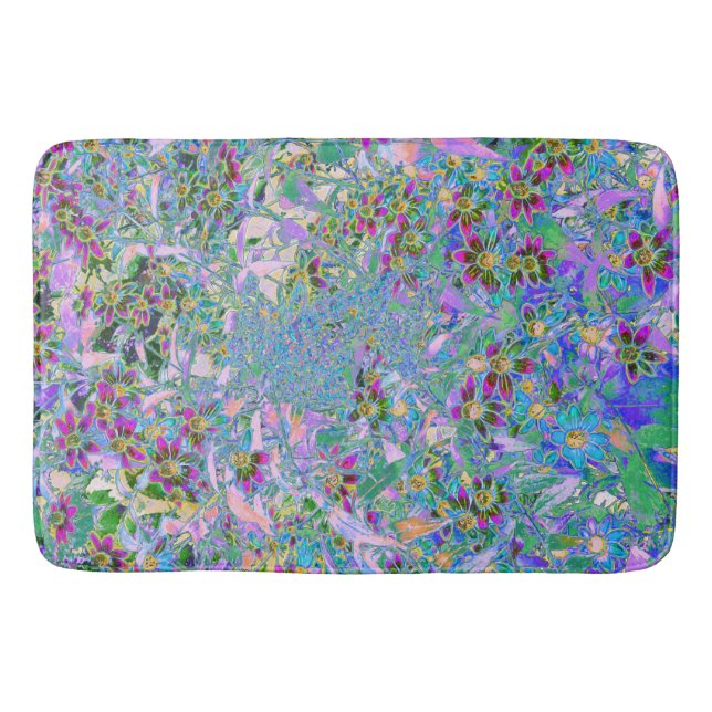 Retro Lila, Grönt och Blå Wildblommor på Rosan Badrumsmatta (Framsidan)