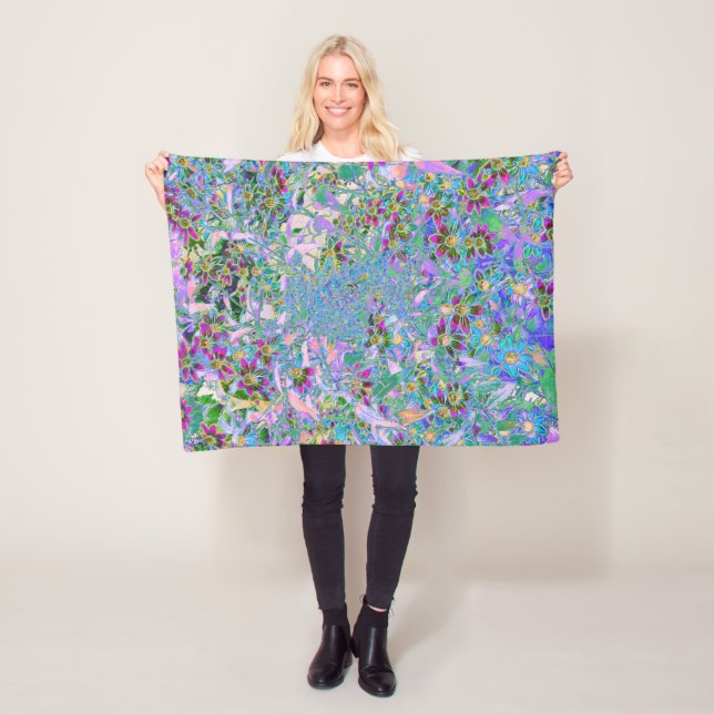 Retro Lila, Grönt och Blå Wildblommor på Rosan Fleecefilt (På plats)