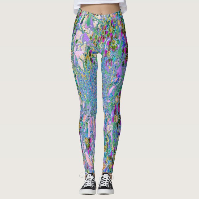 Retro Lila, Grönt och Blå Wildblommor på Rosan Leggings (Framsida)