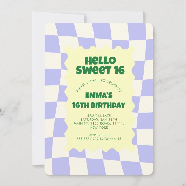 Retro Lila Groovy Checker Sweet 16 Födelsedagsfest Inbjudningar (Framsida)