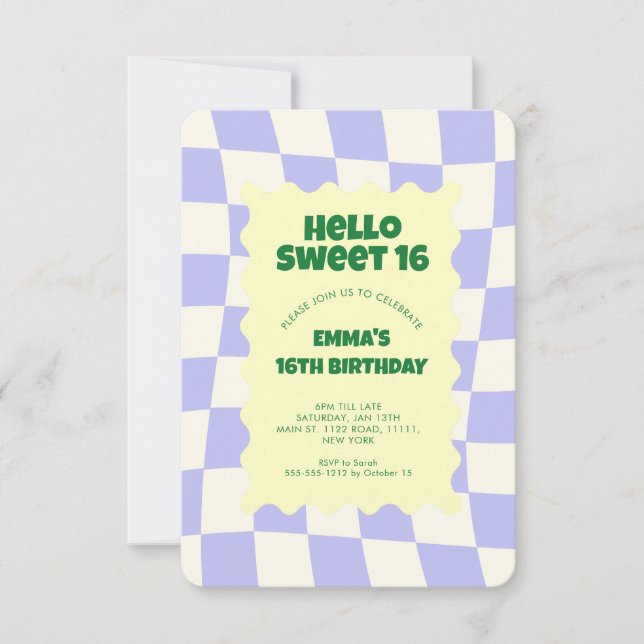 Retro Lila Groovy Checker Sweet 16 Inbjudningar (Framsida)
