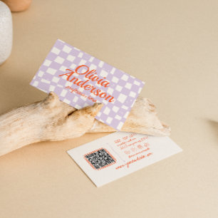 Retro Lila Hand plockade-kontrollerad Groovy QR-ko Visitkort