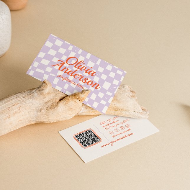 Retro Lila Hand plockade-kontrollerad Groovy QR-ko Visitkort (Skapare uppladdad)