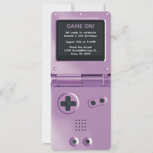 Retro lila handhållen spel-födelsedagsinbjudan inbjudningar (Framsida)