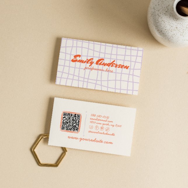 Retro Lila Handskriven ritad Groovy QR-kod Visitkort (Skapare uppladdad)