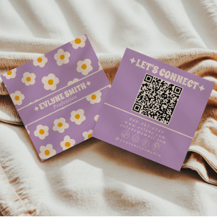Retro lila kräm QR-kod Groovy Blommig Trendig Fyrkantigt Visitkort