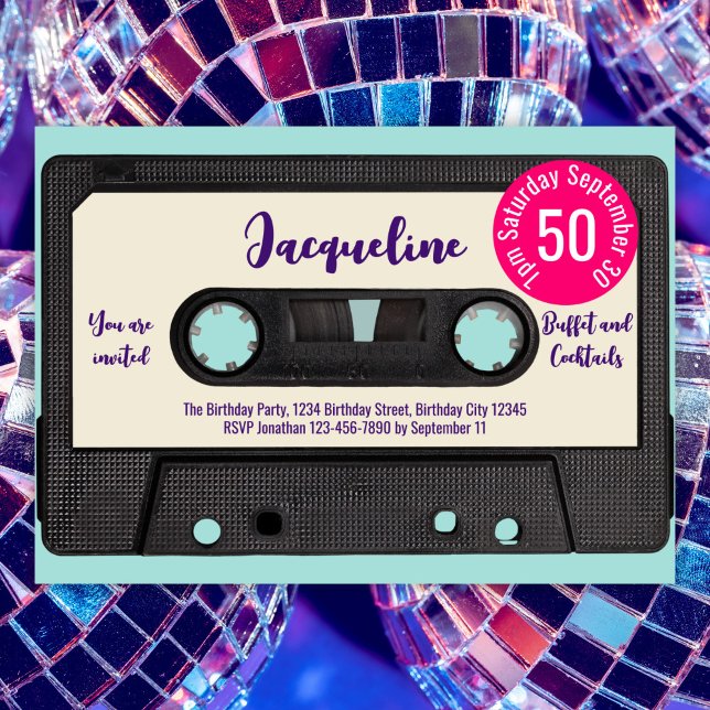 Retro Lila Music Cassette Mix Tape 50:e födelsedag Inbjudningar (Skapare uppladdad)