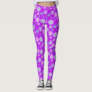 Retro Lila och Blåa blommor 1970-talet Leggings