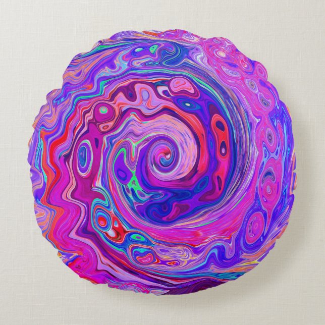 Retro Lila och Orange Abstrakt Groovy Swirl Rund Kudde (Framsidan)
