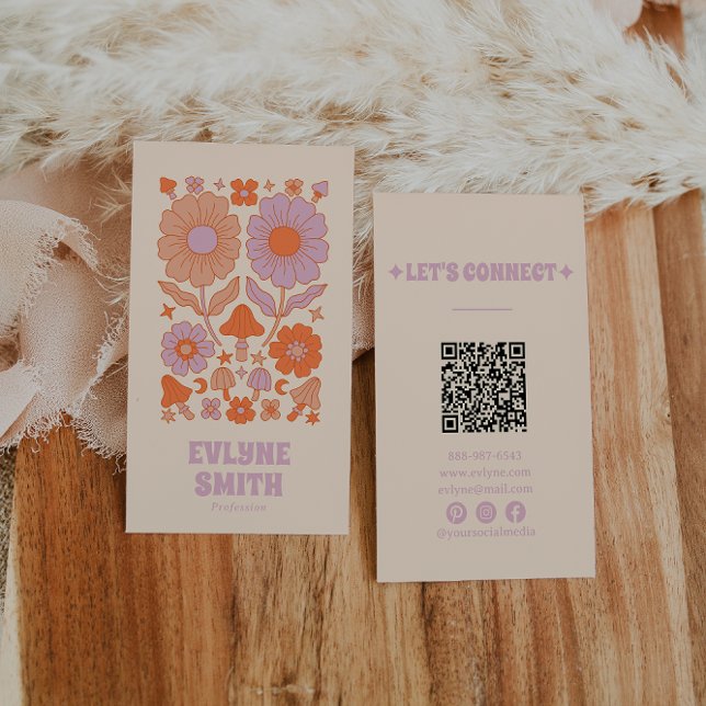 Retro Lila Orange QR Code Groovy Blommigt Boho Visitkort (Skapare uppladdad)
