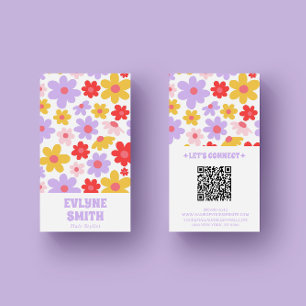 Retro Lila QR-kod Groovy Blommigt Girly Boho Visitkort