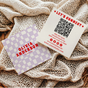 Retro Lila Red QR Code Groovy Checkated Boho Rolig Fyrkantigt Visitkort