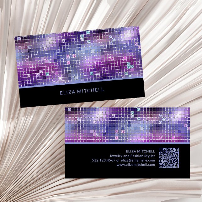 Retro Lila Rosa Blue Disco Boll Spegel | QR-kod Visitkort (A glam, retro disco-inspired business card in purple, blue and pink with bold black and a QR code)