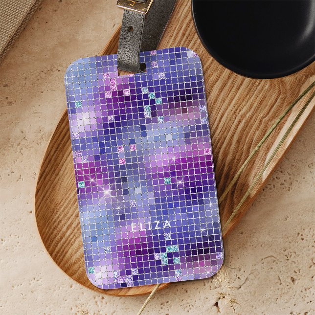 Retro Lila Rosa och Blue Disco Spegel | Monogram Bagagebricka (A glam, dark purple pink and blue disco ball inspired luggage tag)