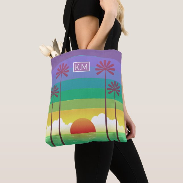 Retro lila solnedgång palmträd konst monogram tygkasse (Närbild)