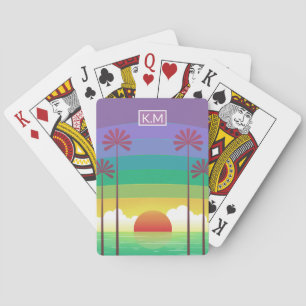 Retro lila solnedgång palmträd konstmonogram casinokort