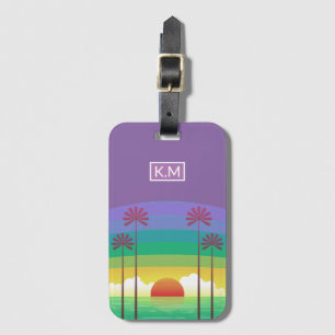 Retro Lila Sunset Handflatan Träd Art Monogram Bagagebricka