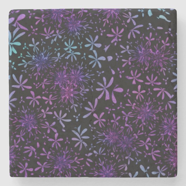 Retro Lila Turcos Blommigt Batik Underlägg Sten (Framsidan)