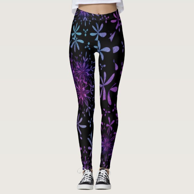 Retro Lila Turkos Blommigt Batik Leggings (Framsida)