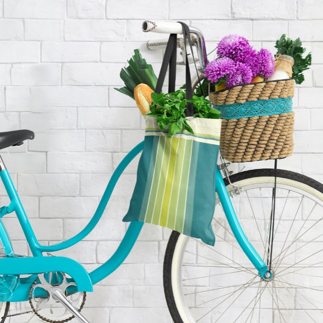 Retro Lime and Aqua ’Surfboard’ Stripe Tote Tygkasse (Skapare uppladdad)