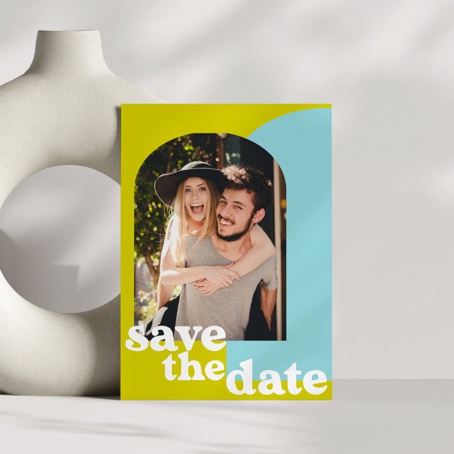 Retro Lime Blue Geometric Couple Photo Bröllop Spara Datumet (Skapare uppladdad)