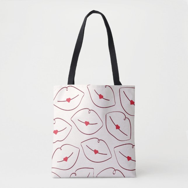 Retro Line Art Lips & Hearts Graphic Cherry Red Tygkasse (Framsida)