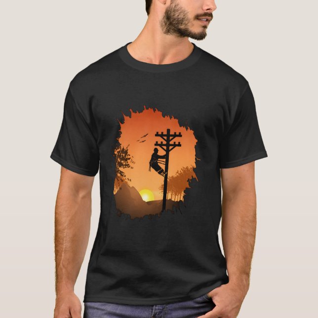 Retro Lineman Sunset Far Electric Cable Lin T Shirt (Framsida)