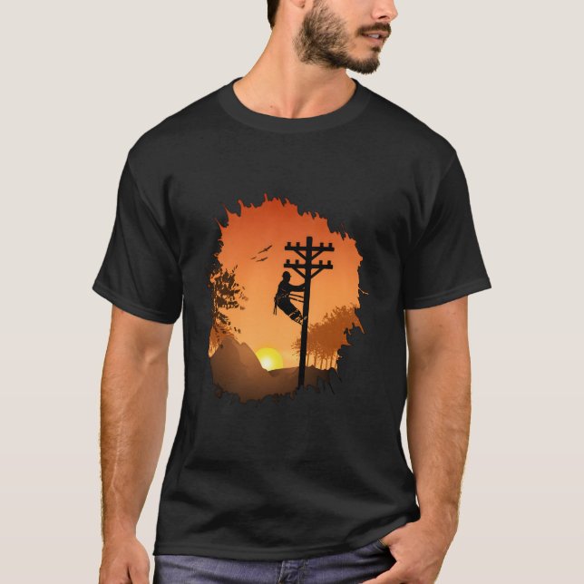 Retro Lineman Sunset Far Electric Cable Lin T Shirt (Framsida)