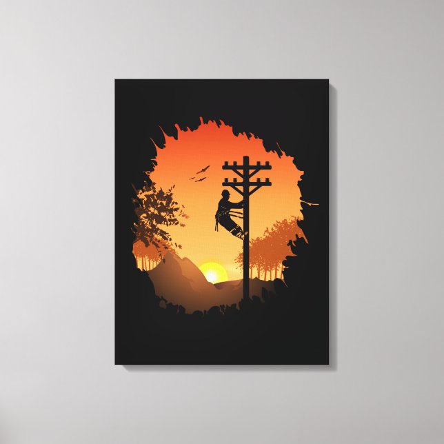 Retro Lineman Sunset Far Electric Cable Lineman Canvastryck (Framsida)