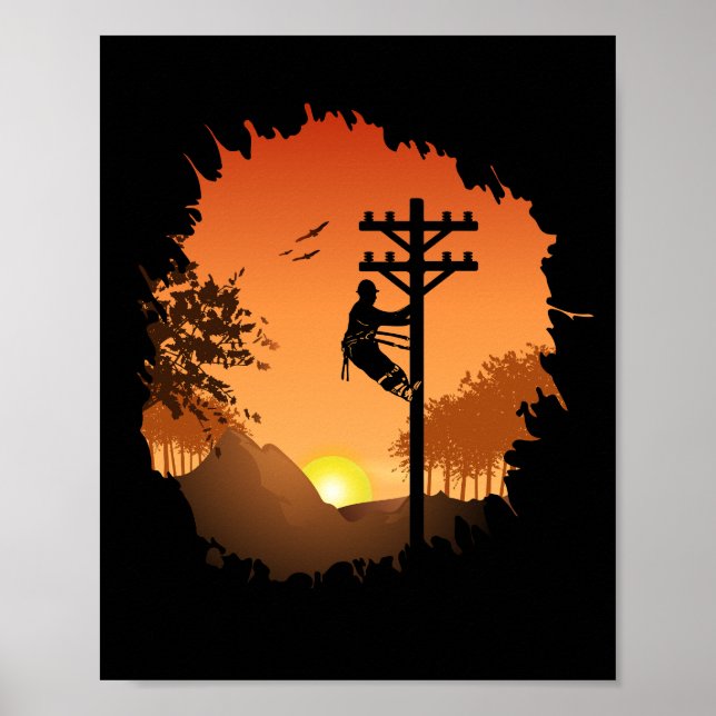 Retro Lineman Sunset Far Electric Cable Lineman Poster (Framsidan)
