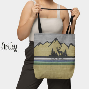 Retro Linen Struktur Nature Mountain Scene Hjort Tygkasse