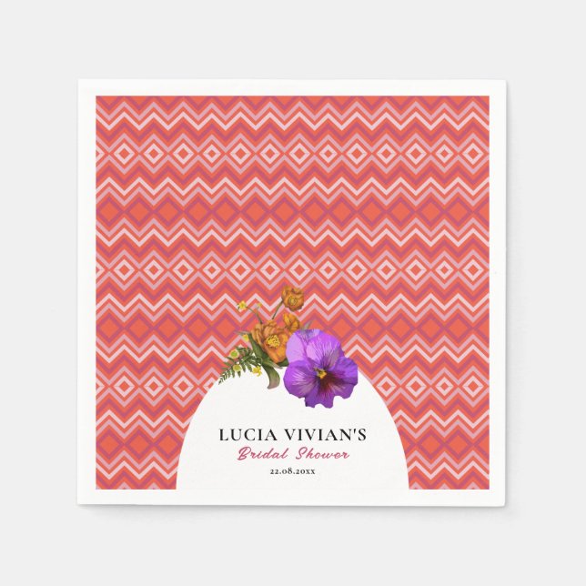 Retro linjer Blommig Magenta Fuchsia Bröllopsfest Pappersservett (Framsidan)