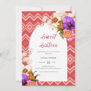 Retro Linjer Blommigt Magenta Fuchsia Sweet sixtee Inbjudningar