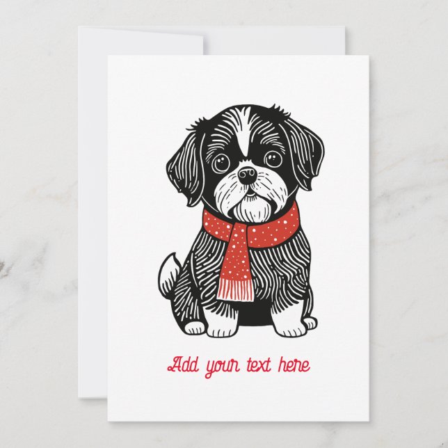 Retro Linocut-stil Shih Tzu julkort (Framsida)