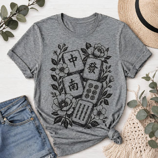 Retro Linolsnitt Mahjong Blommig Kakel T Shirt