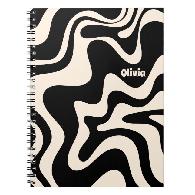 Retro Liquid Swirl Abstrakt Mönster Black Cream Anteckningsbok (Framsidan)
