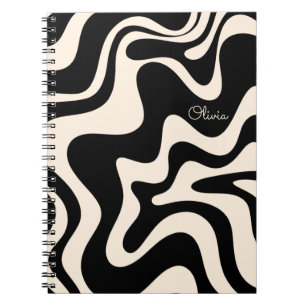 Retro Liquid Swirl Abstrakt Mönster Black Cream Anteckningsbok