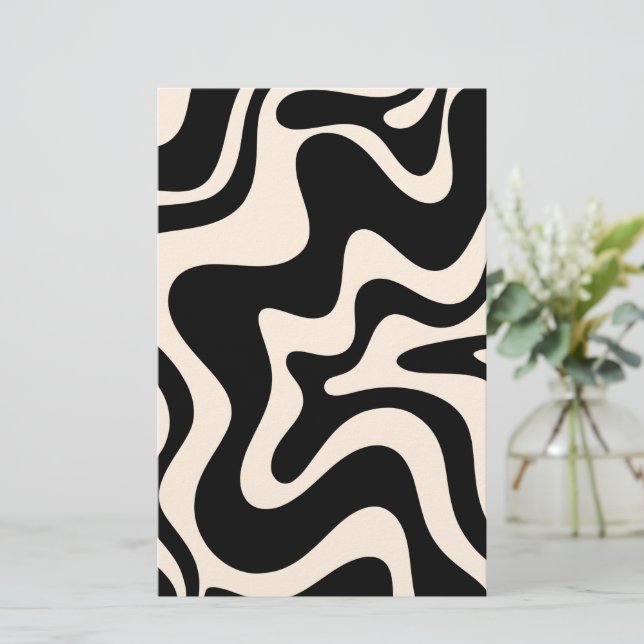 Retro Liquid Swirl Abstrakt Mönster Black Cream Brevpapper (Stående Fram)