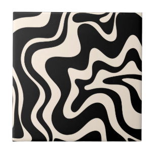 Retro Liquid Swirl Abstrakt Mönster Black Cream Kakelplatta