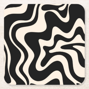 Retro Liquid Swirl Abstrakt Mönster Black Cream Underlägg Papper Kvadrat