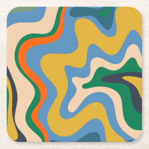 Retro Liquid Swirl Abstrakt Mönster Blue Mustard Underlägg Papper Kvadrat