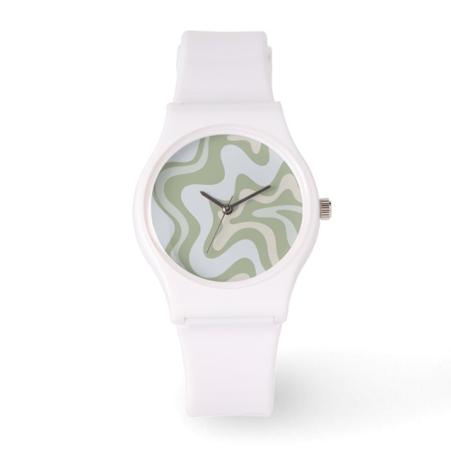 Retro Liquid Swirl Abstrakt Mönster in Sage Grönt Armbandsur (Framsida)